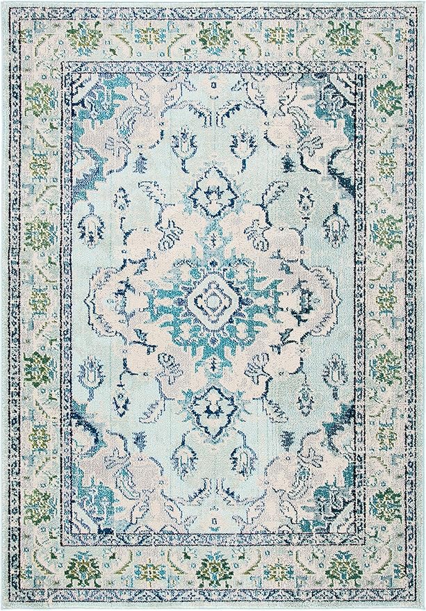 SAFAVIEH Monaco Collection Area Rug - 6'7" x 9'2", Light Blue & Ivory, Boho Chic Medallion Distressed Design, Non-Shedding & Easy Care, Ideal for High Traffic Areas in Living Room, Bedroom (MNC243K)