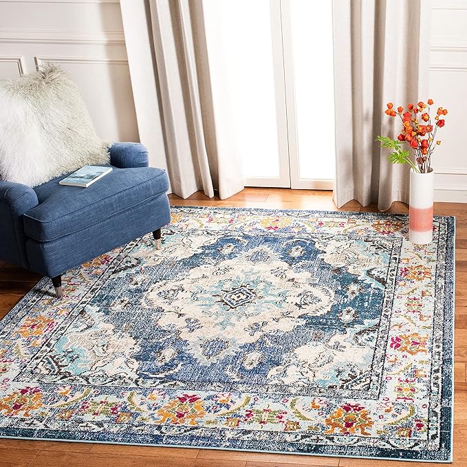 SAFAVIEH Monaco Collection Area Rug - 5' Square, Navy & Light Blue, Boho Chic Medallion Distressed Design, Non-Shedding & Easy Care, Ideal for High Traffic Areas in Living Room, Bedroom (MNC243N)