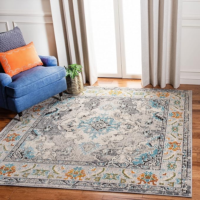 SAFAVIEH Monaco Collection Area Rug - 11' Square, Grey & Light Blue, Boho Chic Medallion Distressed Design, Non-Shedding & Easy Care, Ideal for High Traffic Areas in Living Room, Bedroom (MNC243G)