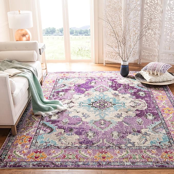 SAFAVIEH Monaco Collection Area Rug - 8' x 10', Violet & Light Blue, Boho Chic Medallion Distressed Design, Non-Shedding & Easy Care, Ideal for High Traffic Areas in Living Room, Bedroom (MNC243L)