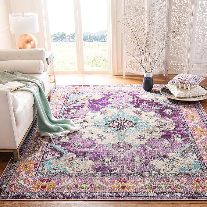 SAFAVIEH Monaco Collection X-Large Area Rug - 11' x 15', Violet & Light Blue, Medallion Distressed Design, Non-Shedding & Easy Care, Ideal for High Traffic Areas in Living Room, Bedroom (MNC243L)