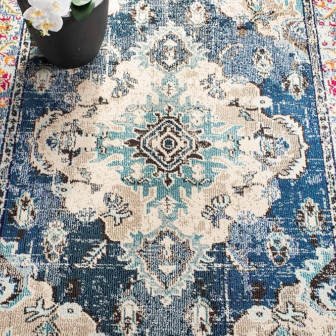 SAFAVIEH Monaco Collection Area Rug - 5' Square, Navy & Light Blue, Boho Chic Medallion Distressed Design, Non-Shedding & Easy Care, Ideal for High Traffic Areas in Living Room, Bedroom (MNC243N)