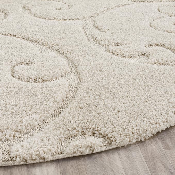 SAFAVIEH Florida Shag Collection Area Rug - 4' Round, Creme & Creme, Scroll Design, Non-Shedding & Easy Care, 1.2-inch Thick Ideal for High Traffic Areas in Living Room, Bedroom (SG455-1111)