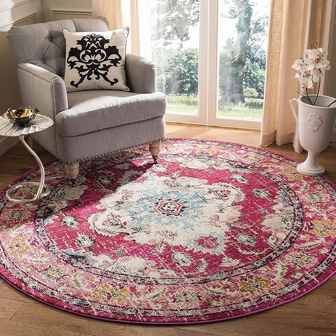 SAFAVIEH Monaco Collection Area Rug - 6'7" Round, Pink & Multi, Boho Chic Medallion Distressed Design, Non-Shedding & Easy Care, Ideal for High Traffic Areas in Living Room, Bedroom (MNC243D)