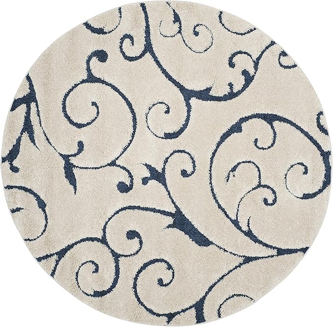 SAFAVIEH Florida Shag Collection Area Rug - 11' Round, Cream & Blue, Scroll Design, Non-Shedding & Easy Care, 1.2-inch Thick Ideal for High Traffic Areas in Living Room, Bedroom (SG455-1165)