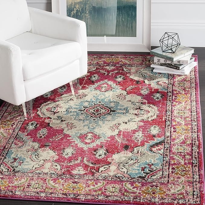 SAFAVIEH Monaco Collection Area Rug - 3' Square, Pink & Multi, Boho Chic Medallion Distressed Design, Non-Shedding & Easy Care, Ideal for High Traffic Areas in Living Room, Bedroom (MNC243D)
