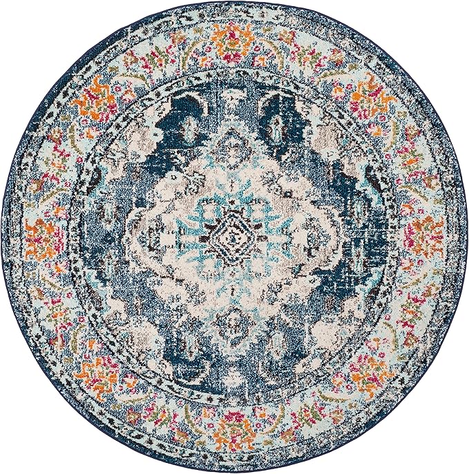SAFAVIEH Monaco Collection Area Rug - 4' Round, Navy & Light Blue, Boho Chic Medallion Distressed Design, Non-Shedding & Easy Care, Ideal for High Traffic Areas in Living Room, Bedroom (MNC243N)