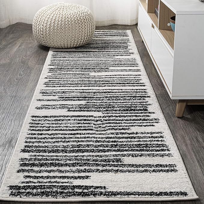 JONATHAN Y Khalil Modern Berber Stripe Cream/Black Runner Rug, 2x8, Contemporary, Bohemian, Easy-Cleaning for Living Room, Bedroom, Kitchen, Pet Friendly, Non-Shedding (MOH207A-28)