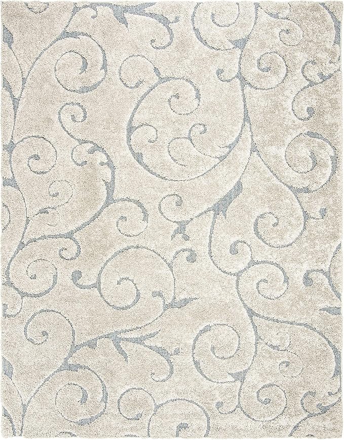 SAFAVIEH Florida Shag Collection Area Rug - 6' x 9', Beige & Blue Grey, Scroll Design, Non-Shedding & Easy Care, 1.2-inch Thick Ideal for High Traffic Areas in Living Room, Bedroom (SG455-1155)