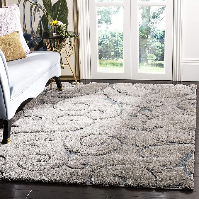 SAFAVIEH Florida Shag Collection Accent Rug - 3'3" x 5'3", Grey & Light Blue, Scroll, Non-Shedding & Easy Care, 1.2-inch Thick Ideal for High Traffic Areas in Foyer, Living Room, Bedroom (SG455-1160)