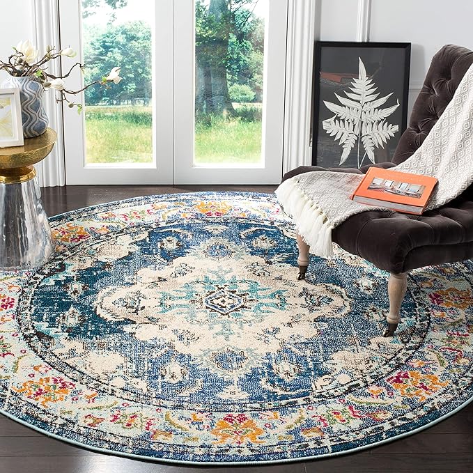 SAFAVIEH Monaco Collection Area Rug - 10' Round, Navy & Light Blue, Boho Chic Medallion Distressed Design, Non-Shedding & Easy Care, Ideal for High Traffic Areas in Living Room, Bedroom (MNC243N)