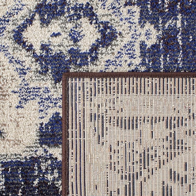 SAFAVIEH Monaco Collection Accent Rug - 4' x 5'7", Ivory & Navy, Boho Medallion Distressed Design, Non-Shedding & Easy Care, Ideal for High Traffic Areas in Entryway, Living Room, Bedroom (MNC243C)