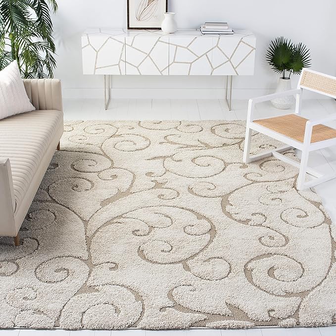 SAFAVIEH Florida Shag Collection X-Large Area Rug - 11' x 15', Cream & Beige, Scroll Design, Non-Shedding & Easy Care, 1.2-inch Thick Ideal for High Traffic Areas in Living Room, Bedroom (SG455-1113)