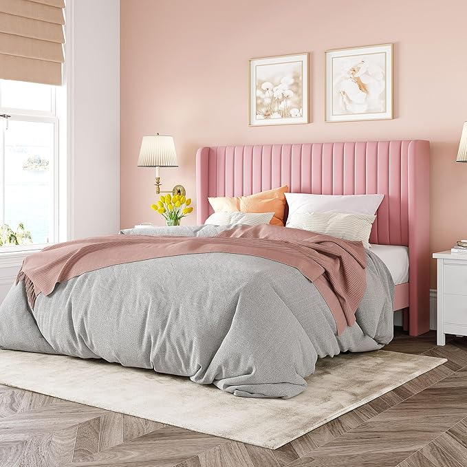 Allewie Full Size Velvet Bed Frame/Vertical Channel Tufted Wingback Headboard/Upholstered Platform Bed/Strong Wooden Slats/No Box Spring Needed/Easy Assembly/Pink