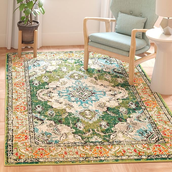 SAFAVIEH Monaco Collection Area Rug - 6'7" Square, Forest Green & Light Blue, Medallion Distressed Design, Non-Shedding & Easy Care, Ideal for High Traffic Areas in Living Room, Bedroom (MNC243F)