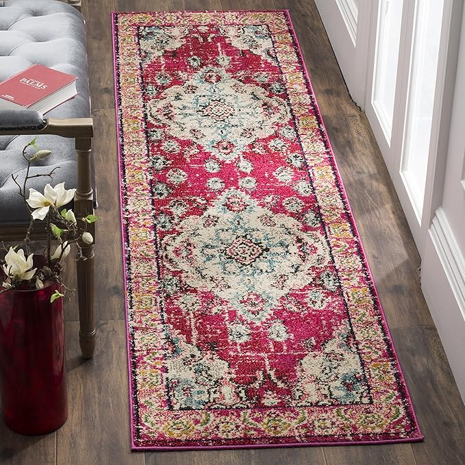 SAFAVIEH Monaco Collection Runner Rug - 2'2" x 8', Pink & Multi, Boho Chic Medallion Distressed Design, Non-Shedding & Easy Care, Ideal for High Traffic Areas in Living Room, Bedroom (MNC243D)