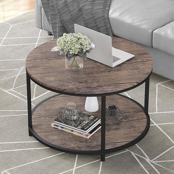 Round Coffee Table, Rustic Wooden Surface Top & Sturdy Metal Legs Industrial Sofa Table for Living Room Modern Design Home Furniture with Storage Open Shelf (Walnut, 25.6 in)