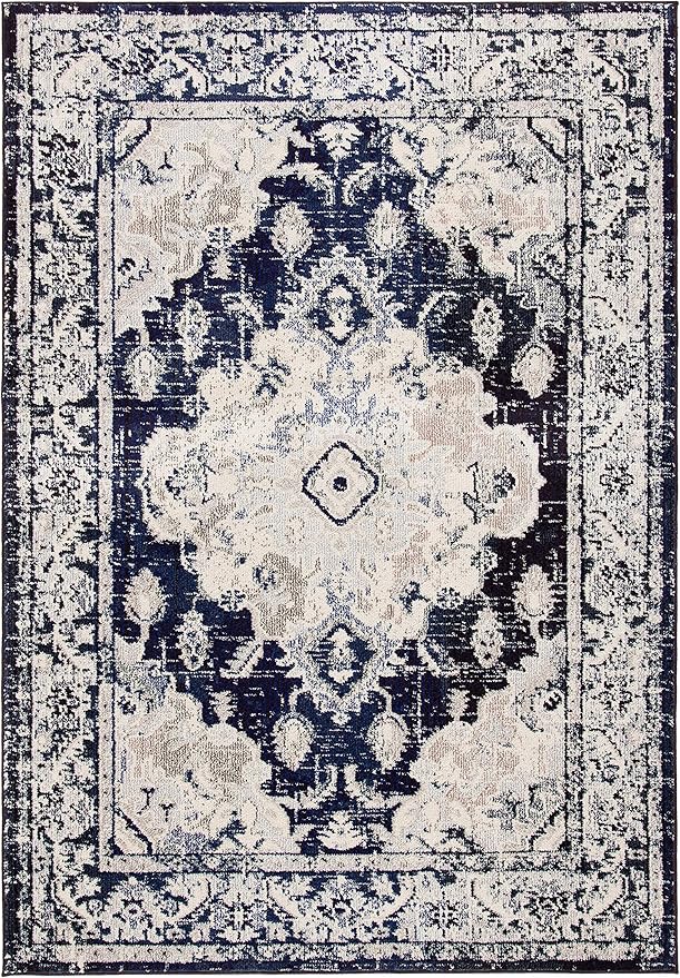 SAFAVIEH Monaco Collection Accent Rug - 3' x 5', Ivory & Navy, Boho Chic Medallion Distressed Design, Non-Shedding & Easy Care, Ideal for High Traffic Areas in Entryway, Living Room, Bedroom (MNC243C)