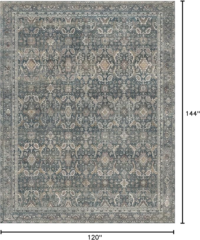 10X12 Area Rugs Machine Washable Rugs for Living Room, Vintage Boho Large Rugs for Bedroom Dining Room, Non Slip Indoor Soft Distressed Lightweight Thin Low Pile Carpet, Deep