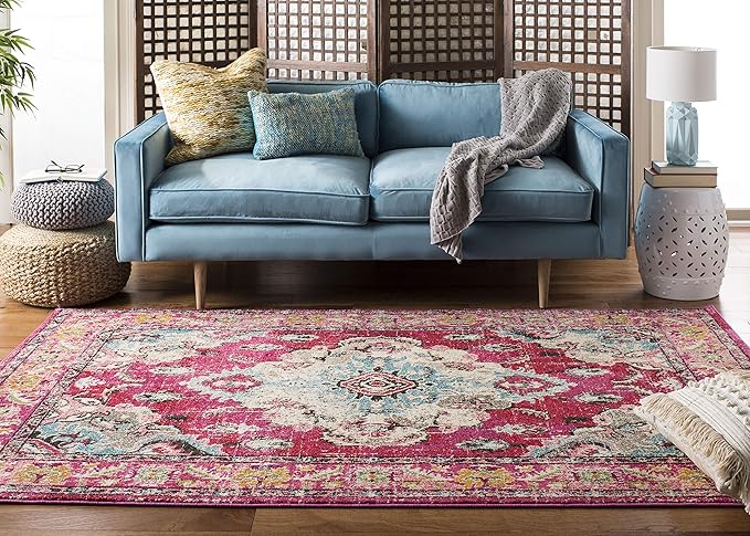 SAFAVIEH Monaco Collection Area Rug - 5' Square, Pink & Multi, Boho Chic Medallion Distressed Design, Non-Shedding & Easy Care, Ideal for High Traffic Areas in Living Room, Bedroom (MNC243D)