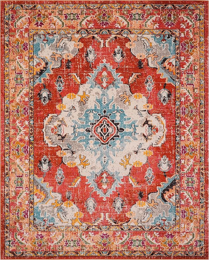 SAFAVIEH Monaco Collection X-Large Area Rug - 11' x 15', Orange & Light Blue, Medallion Distressed Design, Non-Shedding & Easy Care, Ideal for High Traffic Areas in Living Room, Bedroom (MNC243H)