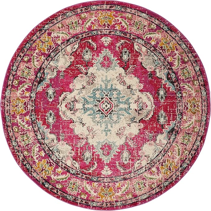 SAFAVIEH Monaco Collection 8' Round PinkMulti MNC243D Boho Chic Medallion Distressed Non-Shedding Living Room Dining Bedroom Foyer Area Rug