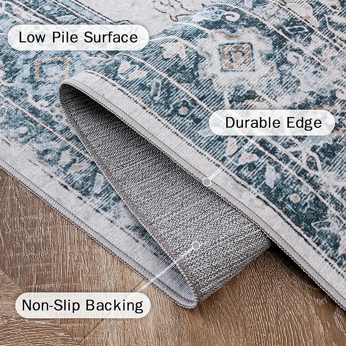 GENIMO Runner Rug 2'6''x8, Non Slip Vintage Hallway Runner Rugs, Low Pile Lightweight Machine Washable Mat for Hallway, Entryway, Bedroom, Kitchen and Corridor, Blue