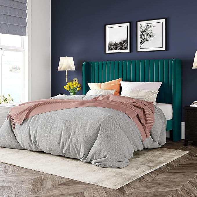 Allewie Queen Size Bed Frame/Velvet Upholstered Platform Bed/Vertical Channel Tufted Wingback Headboard/Strong Wooden Slats/No Box Spring Needed/Easy Assembly/Teal