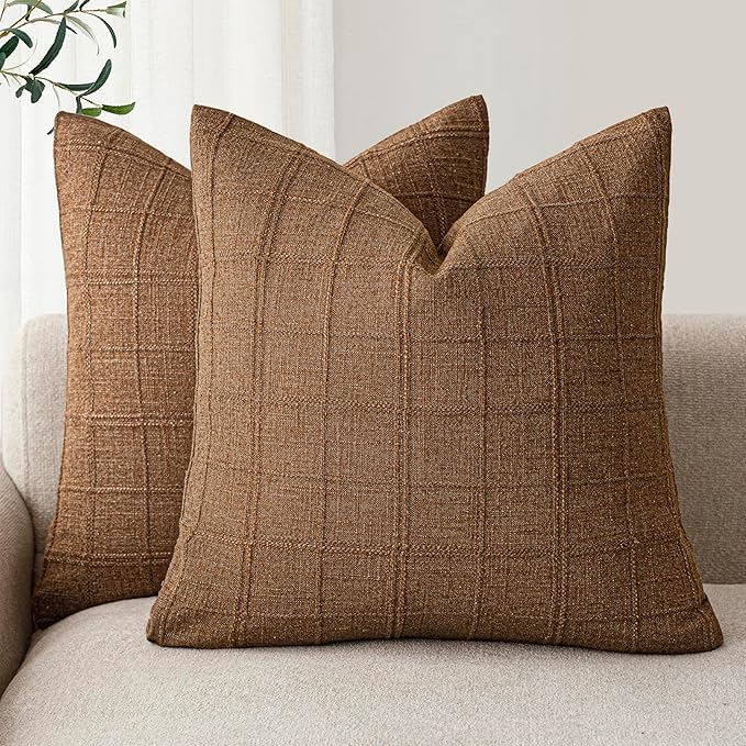 Foindtower Set of 2 Decorative Linen Check Throw Pillow Covers Neutral Farmhouse Vintage Cushion Covers Modern Boho Home Decor for Sofa Chair Couch Bedroom Living Room Outdoor,22×22 Inch,Brown Hazel