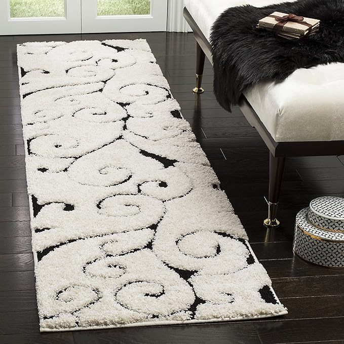 SAFAVIEH Florida Shag Collection Runner Rug - 2'3" x 11', Ivory & Black, Scroll Design, Non-Shedding & Easy Care, 1.2-inch Thick Ideal for High Traffic Areas in Living Room, Bedroom (SG455-1290)