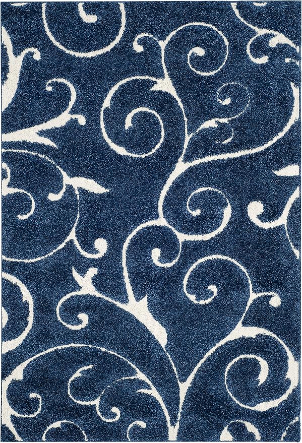 SAFAVIEH Florida Shag Collection Accent Rug - 4' x 6', Dark Blue & Cream, Scroll, Non-Shedding & Easy Care, 1.2-inch Thick Ideal for High Traffic Areas in Entryway, Living Room, Bedroom (SG455-6511)