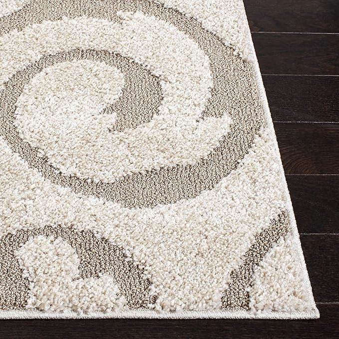 SAFAVIEH Florida Shag Collection Area Rug - 6'7" Square, Ivory & Beige, Scroll Design, Non-Shedding & Easy Care, 1.2-inch Thick Ideal for High Traffic Areas in Living Room, Bedroom (SG455-13LT)
