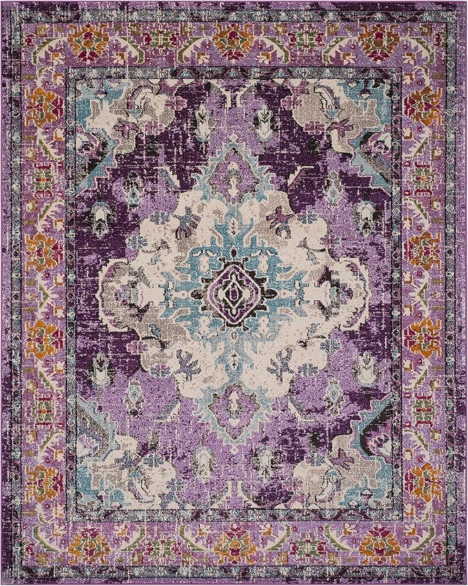SAFAVIEH Monaco Collection Area Rug - 10' x 14', Violet & Light Blue, Boho Chic Medallion Distressed Design, Non-Shedding & Easy Care, Ideal for High Traffic Areas in Living Room, Bedroom (MNC243L)