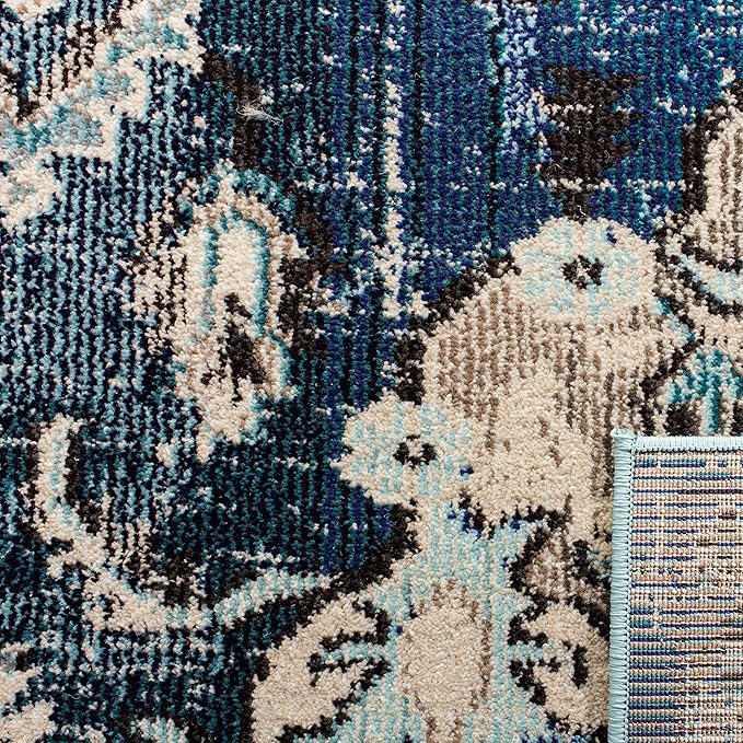 SAFAVIEH Monaco Collection Area Rug - 5' Square, Navy & Light Blue, Boho Chic Medallion Distressed Design, Non-Shedding & Easy Care, Ideal for High Traffic Areas in Living Room, Bedroom (MNC243N)