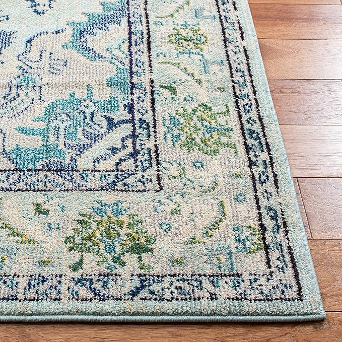 SAFAVIEH Monaco Collection Accent Rug - 4' x 5'7", Light Blue & Ivory, Medallion Distressed Design, Non-Shedding & Easy Care, Ideal for High Traffic Areas in Entryway, Living Room, Bedroom (MNC243K)