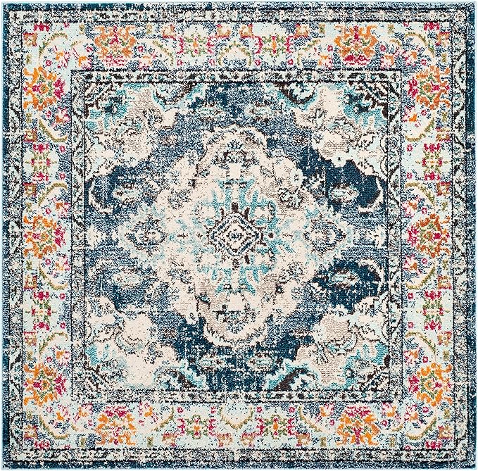 SAFAVIEH Monaco Collection Area Rug - 4' Square, Navy & Light Blue, Boho Chic Medallion Distressed Design, Non-Shedding & Easy Care, Ideal for High Traffic Areas in Living Room, Bedroom (MNC243N)
