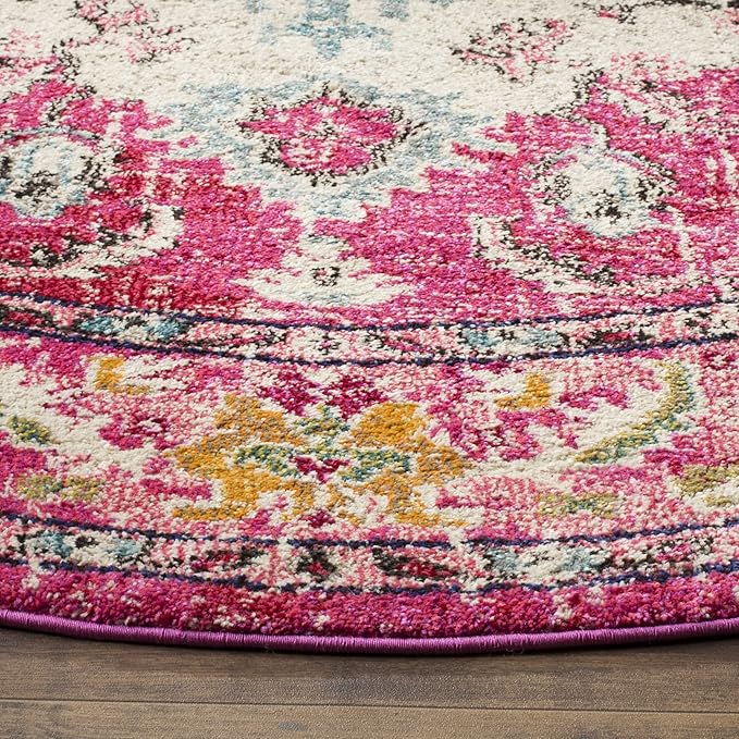 SAFAVIEH Monaco Collection Area Rug - 3' Round, Pink & Multi, Boho Chic Medallion Distressed Design, Non-Shedding & Easy Care, Ideal for High Traffic Areas in Living Room, Bedroom (MNC243D)