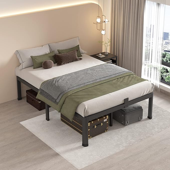 MAF 16 Inch Queen Bed Frames with Round Corner Legs Mattress Slide Stopper No Box Spring Needed Heavy Duty Metal Platform Bed Frame Under-Bed Storage Space, 3000 LBS Steel Slats Support