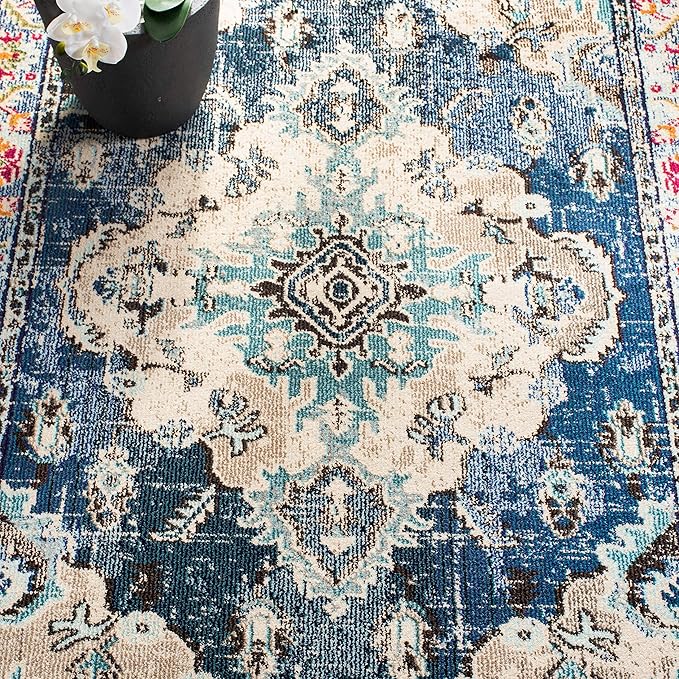 SAFAVIEH Monaco Collection Accent Rug - 2'2" x 4', Navy & Light Blue, Medallion Distressed Design, Non-Shedding & Easy Care, Ideal for High Traffic Areas in Entryway, Living Room, Bedroom (MNC243N)