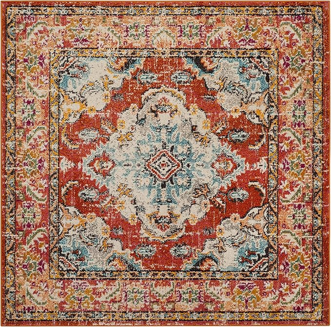 SAFAVIEH Monaco Collection Area Rug - 8' Square, Orange & Light Blue, Boho Chic Medallion Distressed Design, Non-Shedding & Easy Care, Ideal for High Traffic Areas in Living Room, Bedroom (MNC243H)