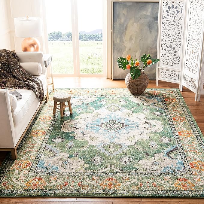SAFAVIEH Monaco Collection Accent Rug - 4' x 5'7", Forest Green & Light Blue, Boho Medallion Design, Non-Shedding & Easy Care, Ideal for High Traffic Areas in Entryway, Living Room, Bedroom (MNC243F)