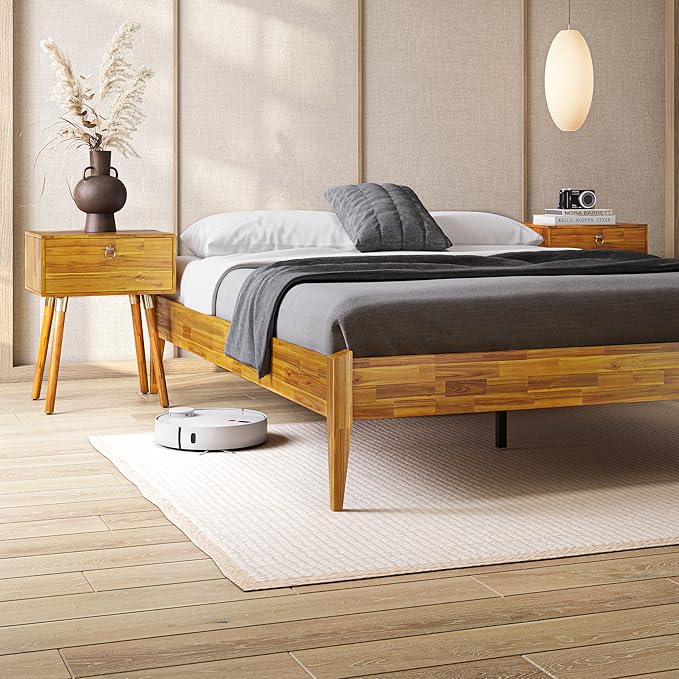 Bme Dinkee 15 Inch Signature Bed Frame Without Headboard - Modern & Minimalist Style with Acacia Wood - 12 Strong Wood Slat Support - Easy Assembly - No Box Spring Needed - Caramel, Full