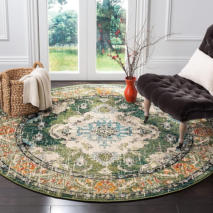 SAFAVIEH Monaco Collection Area Rug - 10' Round, Forest Green & Light Blue, Medallion Distressed Design, Non-Shedding & Easy Care, Ideal for High Traffic Areas in Living Room, Bedroom (MNC243F)