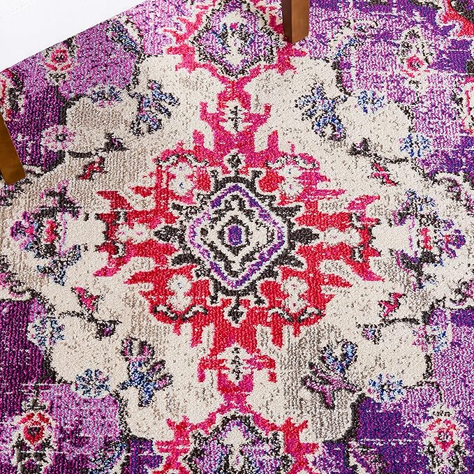 SAFAVIEH Monaco Collection Area Rug - 6'7" Round, Violet & Fuchsia, Boho Chic Medallion Distressed Design, Non-Shedding & Easy Care, Ideal for High Traffic Areas in Living Room, Bedroom (MNC243P)