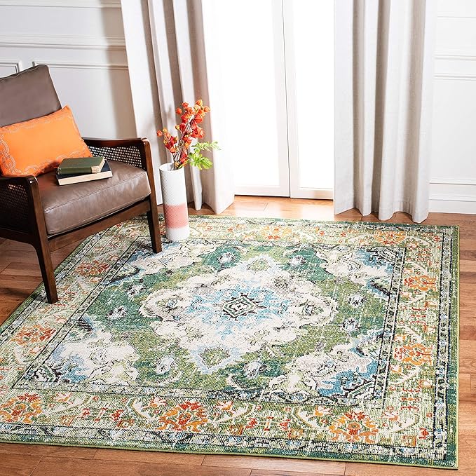 SAFAVIEH Monaco Collection Area Rug - 11' Square, Forest Green & Light Blue, Medallion Distressed Design, Non-Shedding & Easy Care, Ideal for High Traffic Areas in Living Room, Bedroom (MNC243F)
