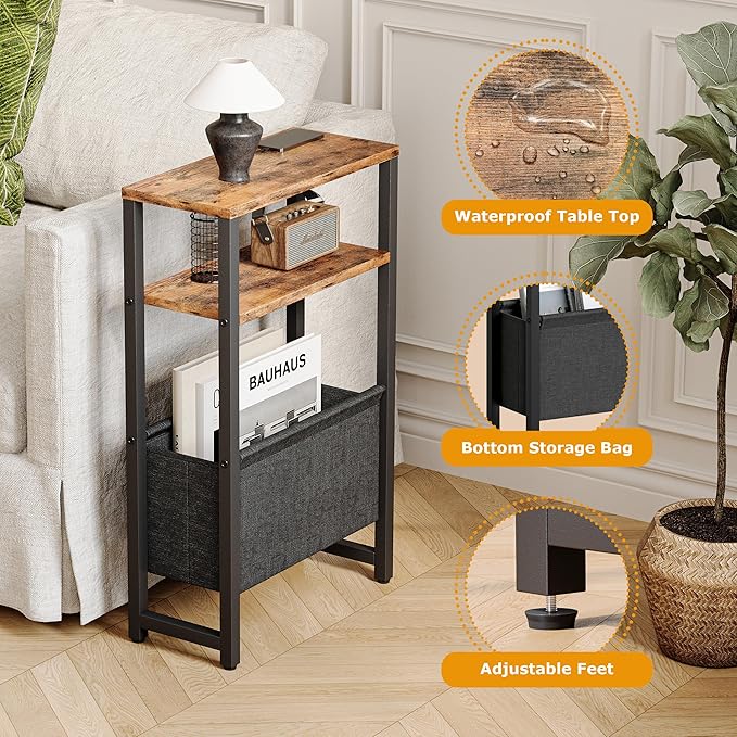 Narrow Side Table, Slim End Table with Magazine Rack, Bedside Table for Small Spaces, 3 Tier Sofa Couch Table Nightstand for Living Room, Bedroom Rustic Brown LET503R