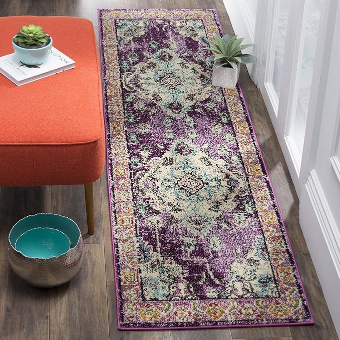 SAFAVIEH Monaco Collection Runner Rug - 2'2" x 6', Violet & Light Blue, Boho Chic Medallion Distressed Design, Non-Shedding & Easy Care, Ideal for High Traffic Areas in Living Room, Bedroom (MNC243L)