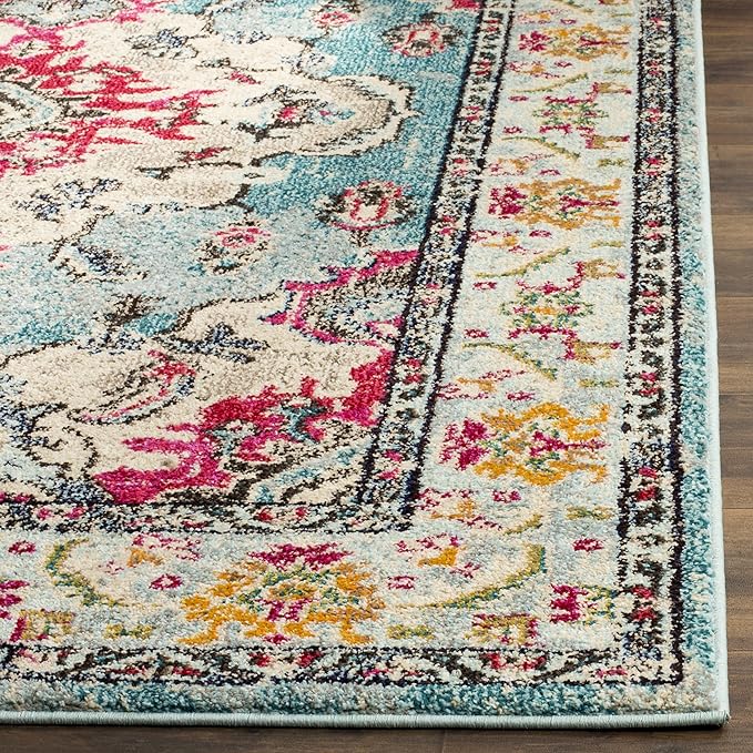 SAFAVIEH Monaco Collection Area Rug - 11' Square, Light Blue & Fuchsia, Boho Chic Medallion Distressed Design, Non-Shedding & Easy Care, Ideal for High Traffic Areas in Living Room, Bedroom (MNC243J)