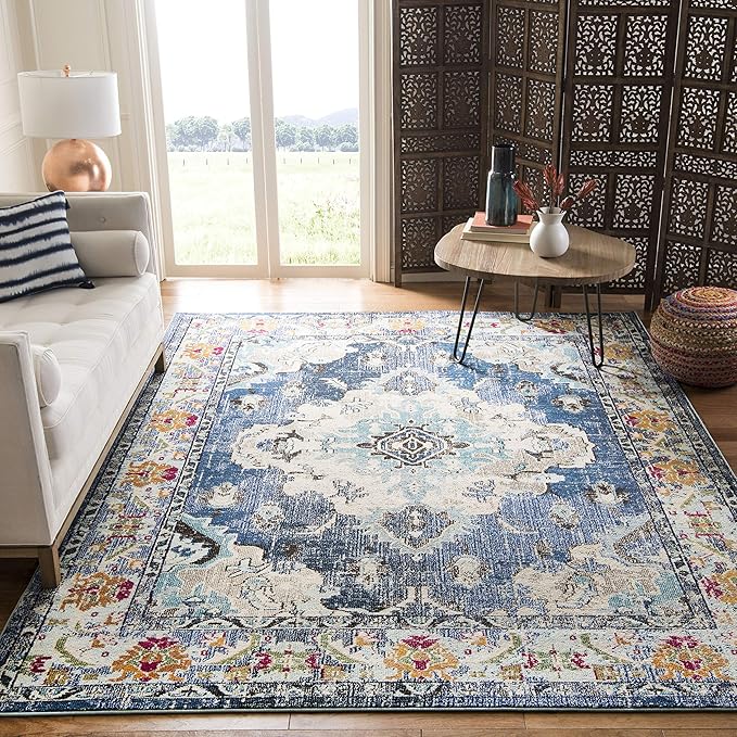 SAFAVIEH Monaco Collection Area Rug - 10' x 14', Navy & Light Blue, Boho Chic Medallion Distressed Design, Non-Shedding & Easy Care, Ideal for High Traffic Areas in Living Room, Bedroom (MNC243N)