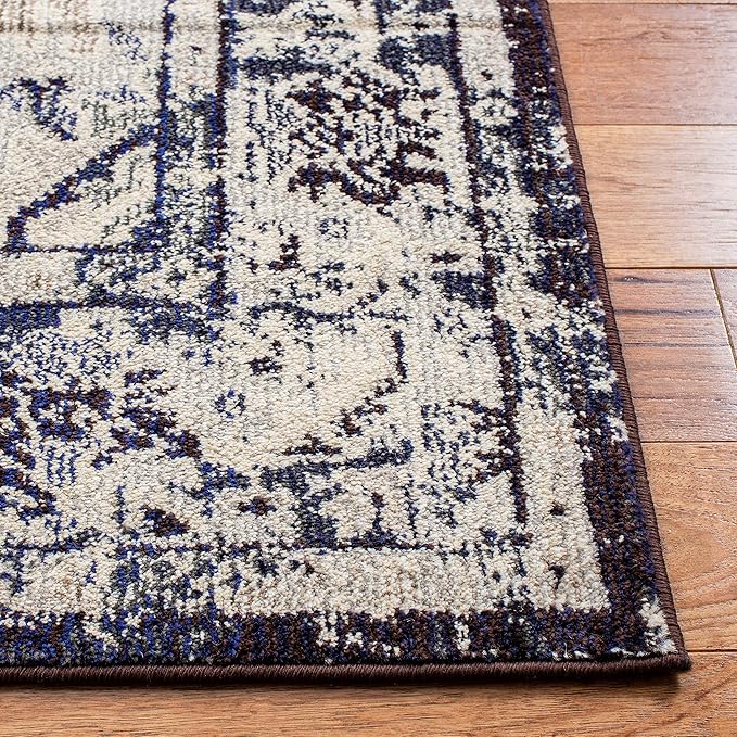 SAFAVIEH Monaco Collection 6'7" x 9'2" IvoryNavy MNC243C Boho Chic Medallion Distressed Non-Shedding Living Room Dining Bedroom Area Rug